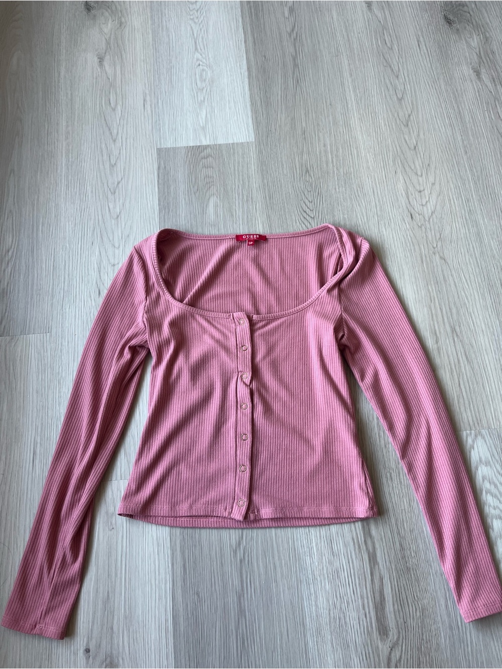 Guess Pink Ribbed Button-Front Long Sleeve Top Size S